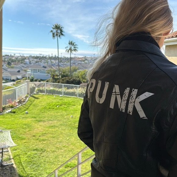 Custom upcycled Vintage black genuine leather motorcycle jacket w/ PUNK on back - Picture 8 of 10